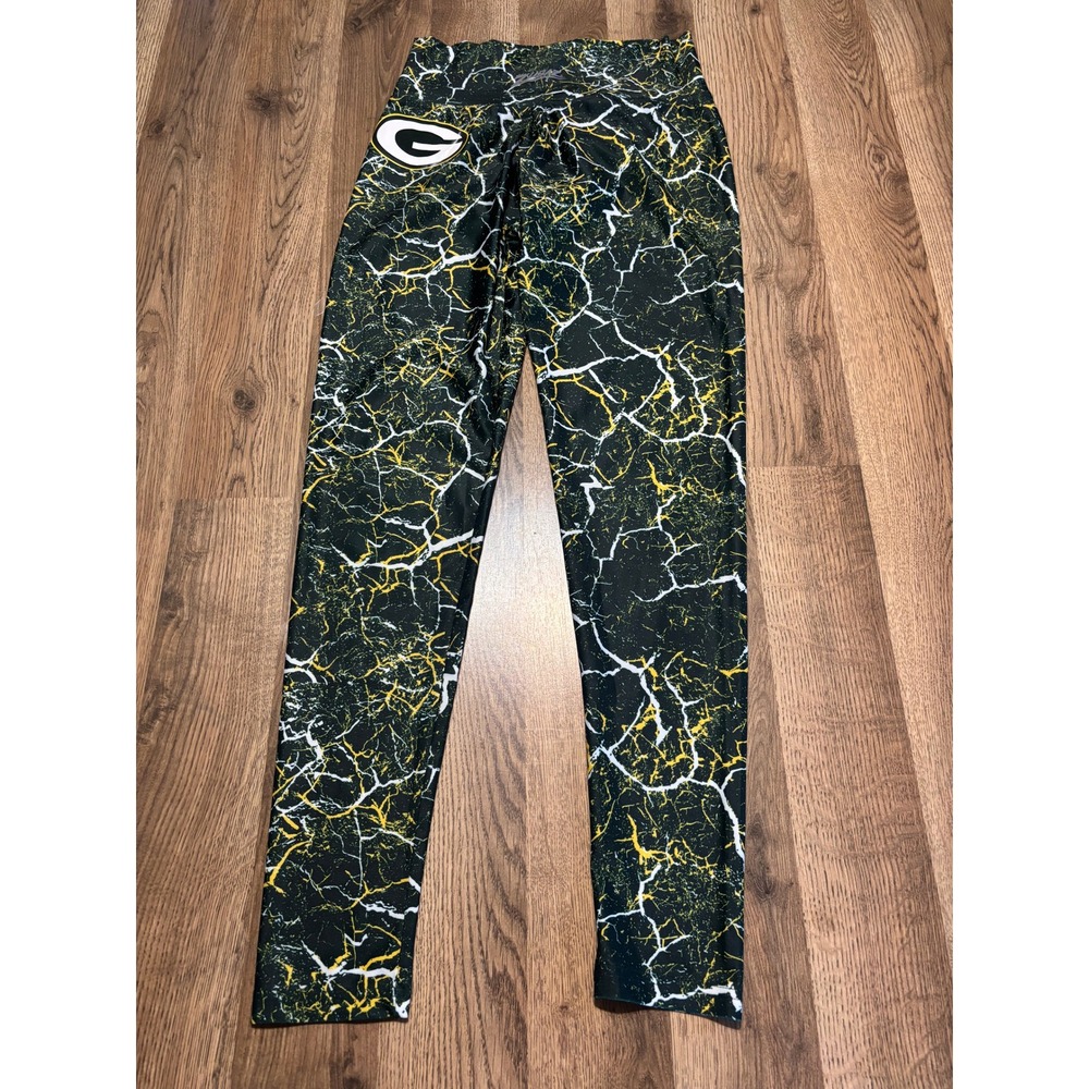 Majestic Green Bay Packers Leggings Womens Large Green Yellow NFL Crackle